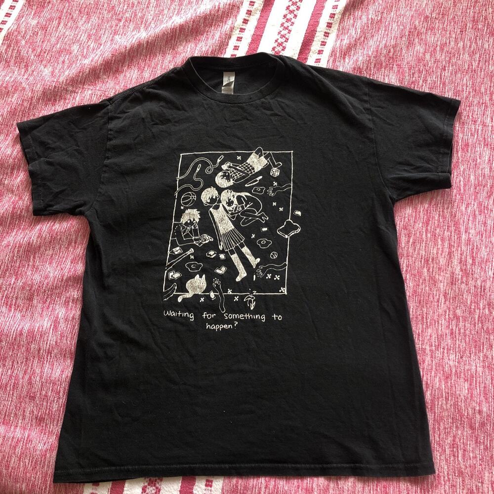 Cat Lover Waiting For Something To Happen Omori Black T-Shirt Medium